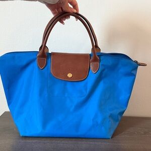 LONGCHAMP ORIGINAL TOTE BAG BLUE WITH BROWN STRAPS